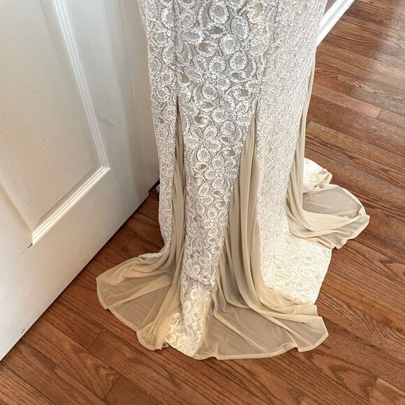 Cache Champagne Lace Gown with Pearl Neck and Godet Mesh Insert Size 4 EUC - Picture 5 of 13